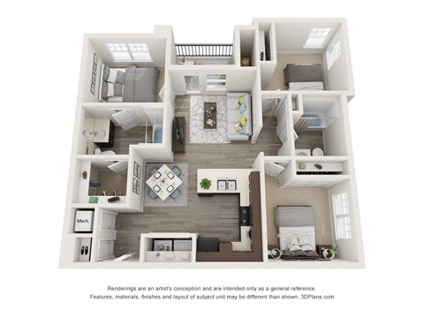 Floor plan for 3 beds, 2 baths, 1055 sqft